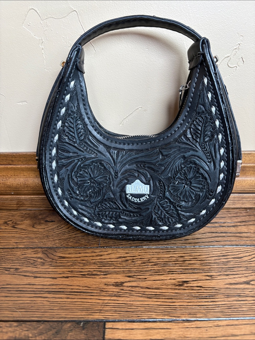 Black Tooled Silver Buckstitch Leather Mini Handbag